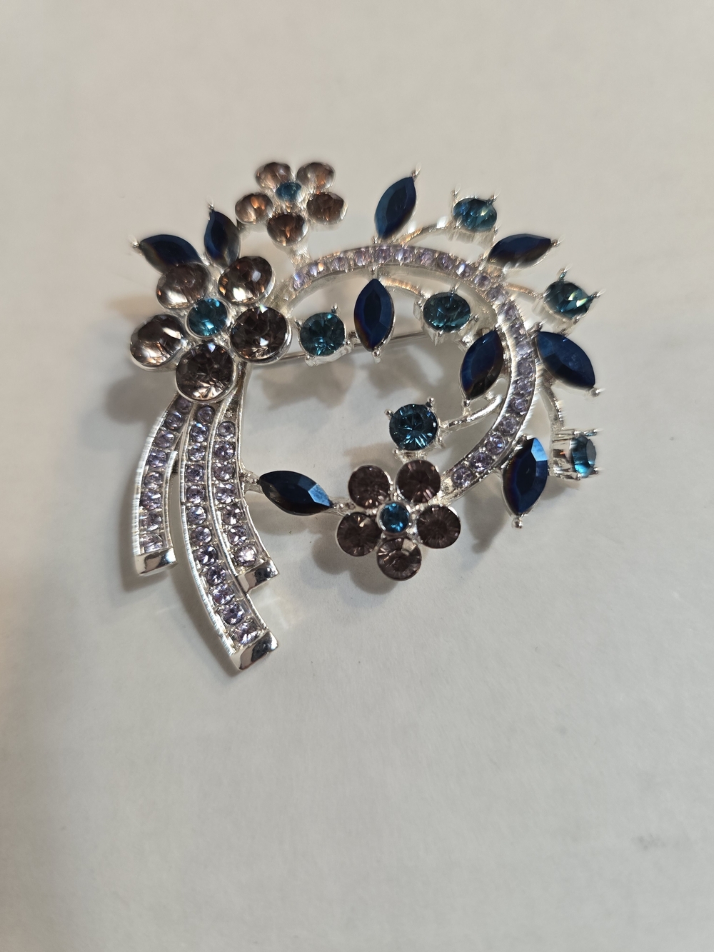Anne Klein Silver-Tone Floral Brooch with Navy and Teal Crystals
